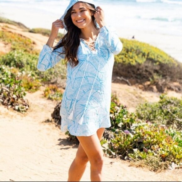Charlie Holiday Botanical Print Swim Cover Up 6 Hooded Blue White - Picture 1 of 9